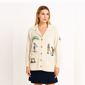 Vintage Cute Cream Cardigan with Multicolor Golf Embroidery Sz L